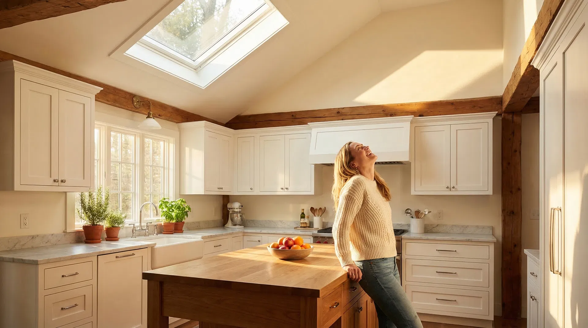 Sun-drenched kitchen with Velux skylight — woman smiling at natural light