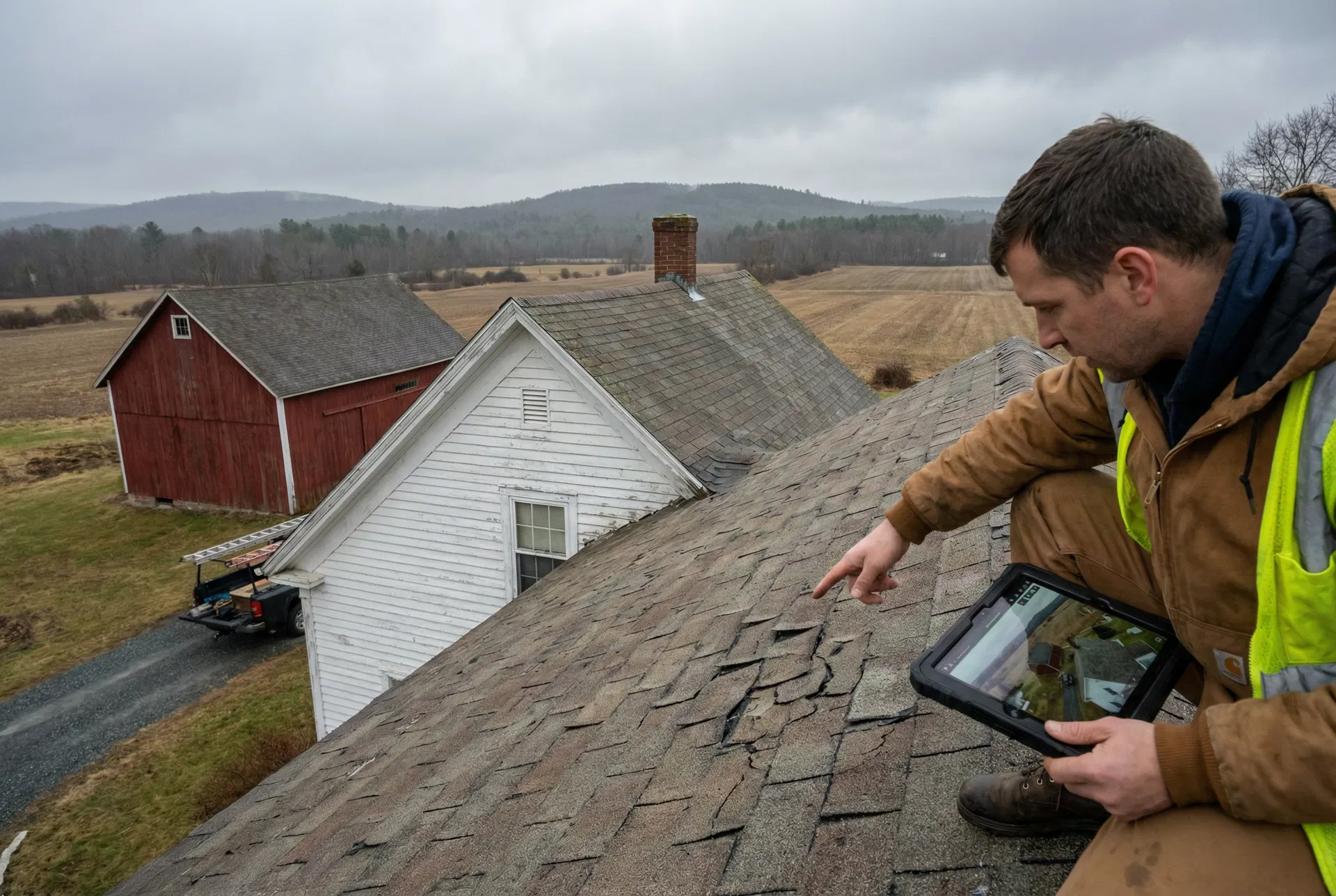 Thrive Roofing inspector assessing storm damage on a Southwick farmhouse in the agricultural heritage area