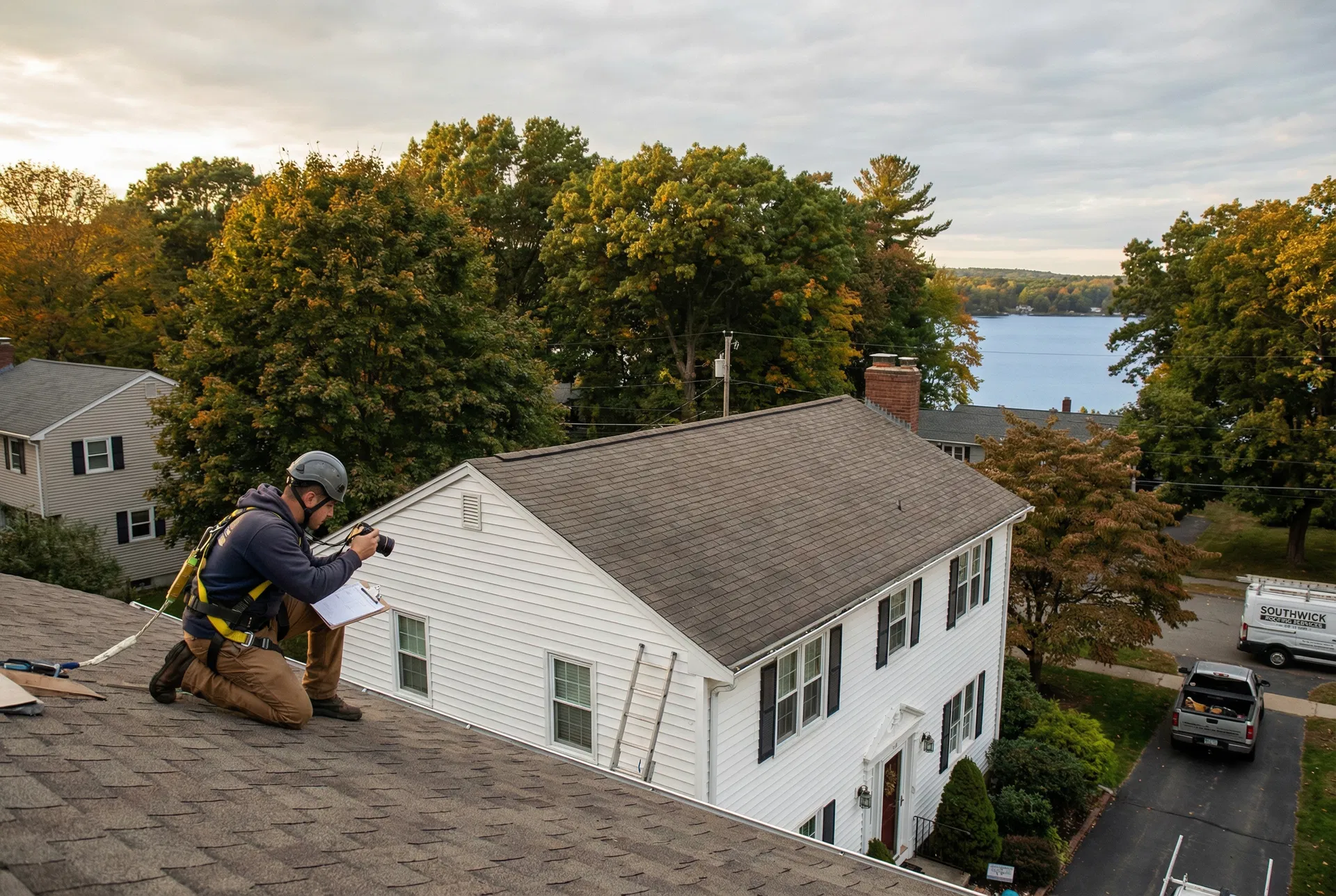 Thrive Roofing inspector on a Southwick home near Congamond Lakes
