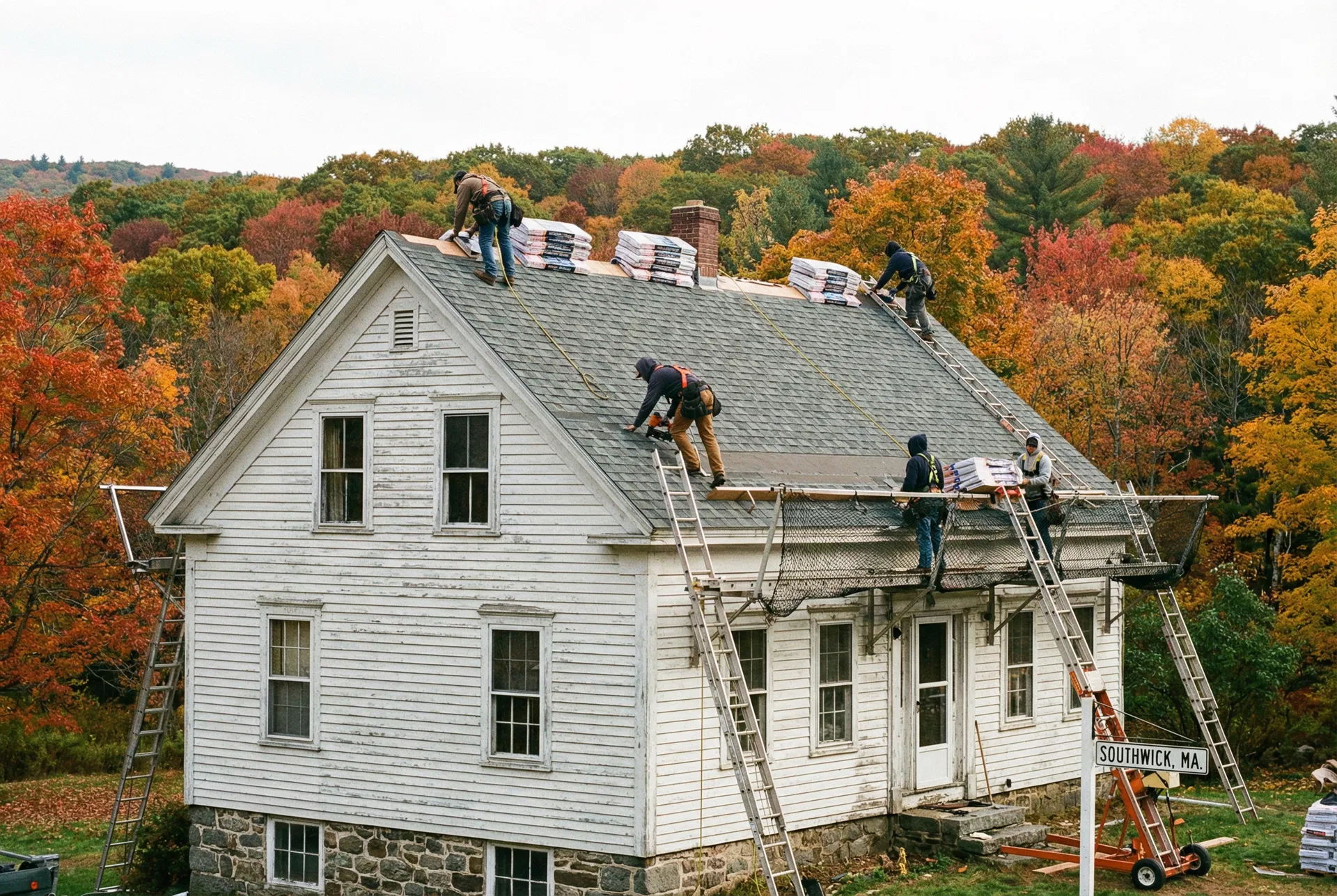 Thrive Roofing crew installing a new roof on a Southwick home near the Granville State Forest border