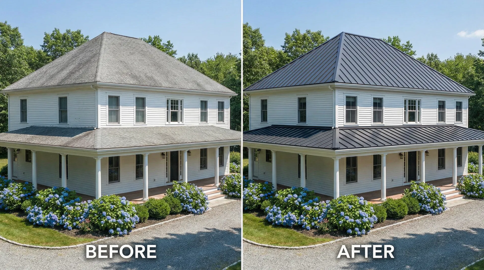 Before and after: standing seam metal roof transformation on Colonial home in Agawam MA