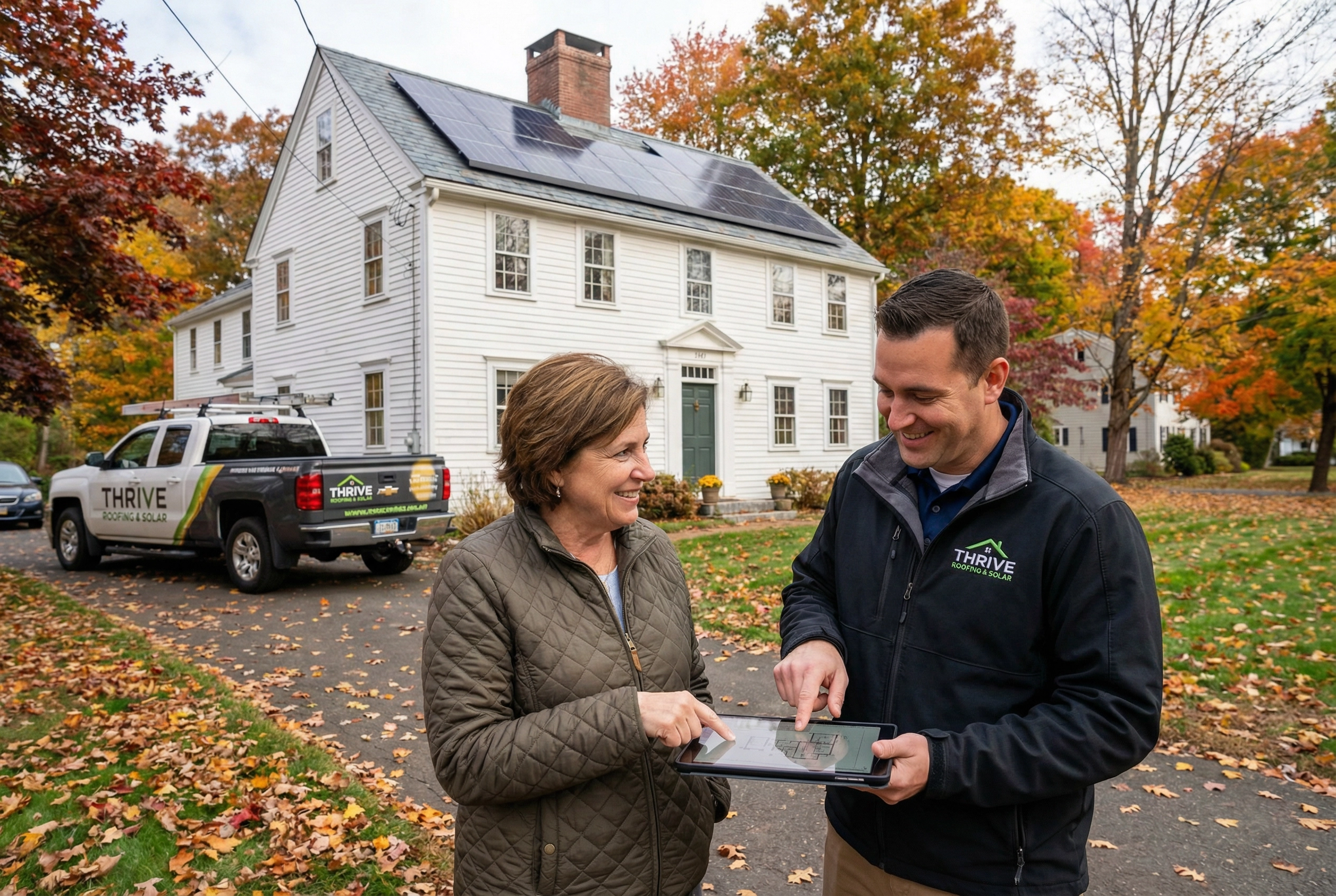 Homeowner and Thrive Roofing solar specialist reviewing solar panel plans outside a classic New England colonial home in Suffield CT