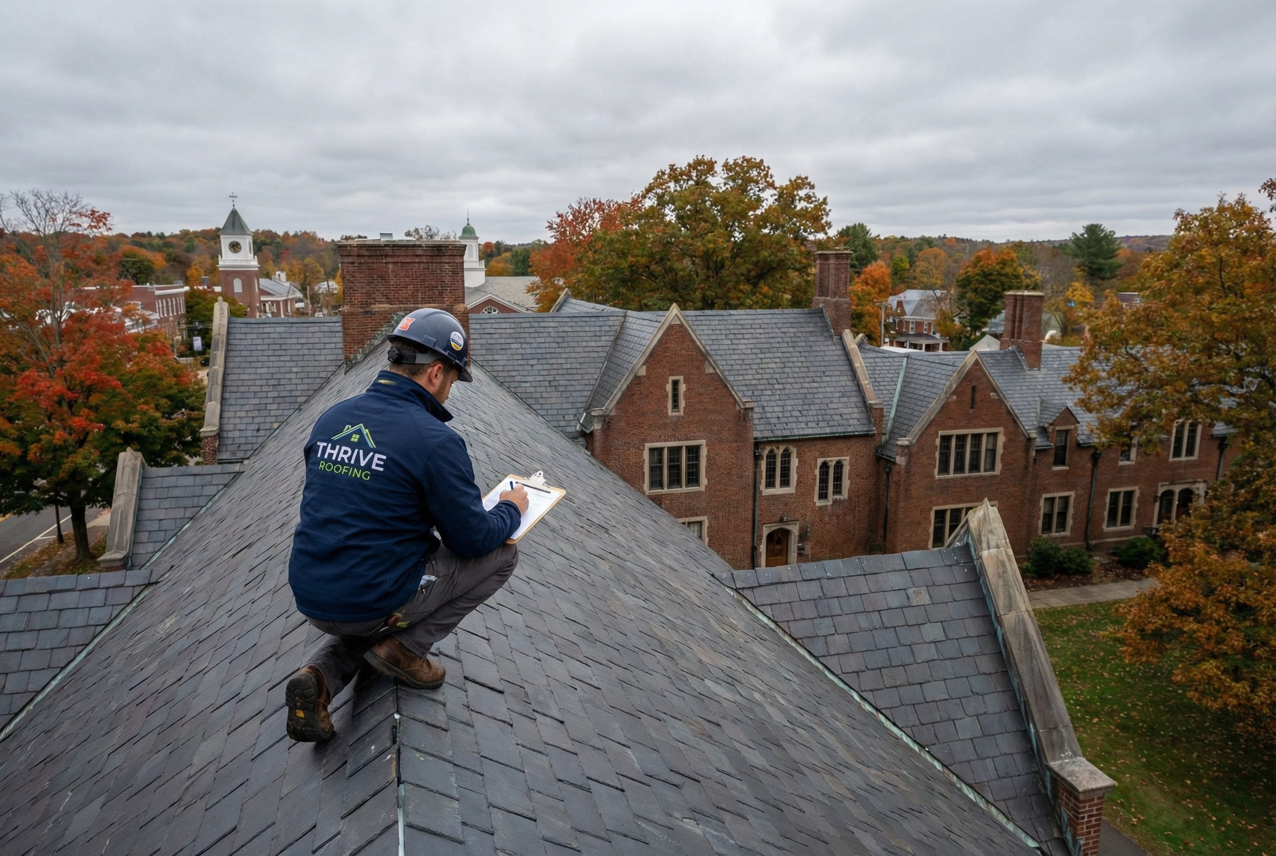 Thrive Roofing contractor inspecting a slate roof near the Suffield Academy campus in Suffield CT