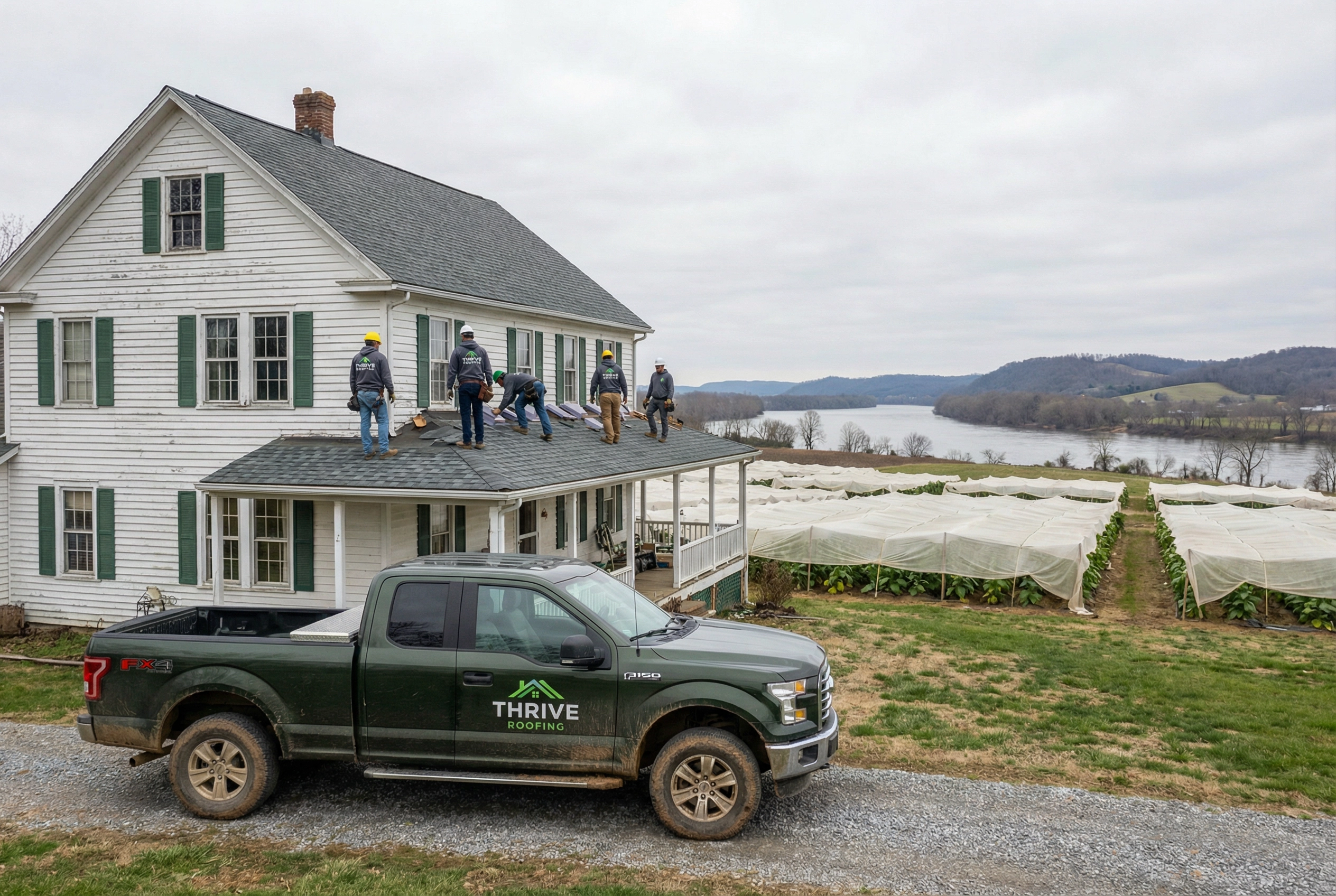 Thrive Roofing crew installing shingles on a farmhouse estate along the Connecticut River tobacco farm corridor in Suffield CT