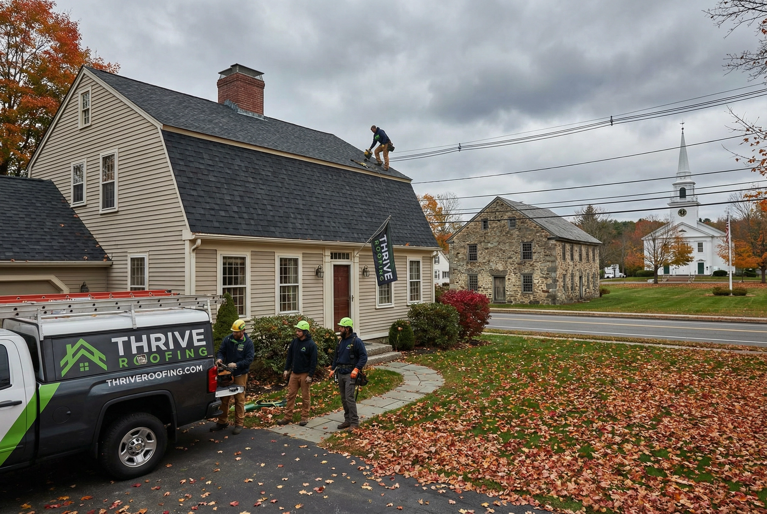 Thrive Roofing crew installing dark architectural shingles on a colonial home near the Old Tolland County Jail in Tolland CT