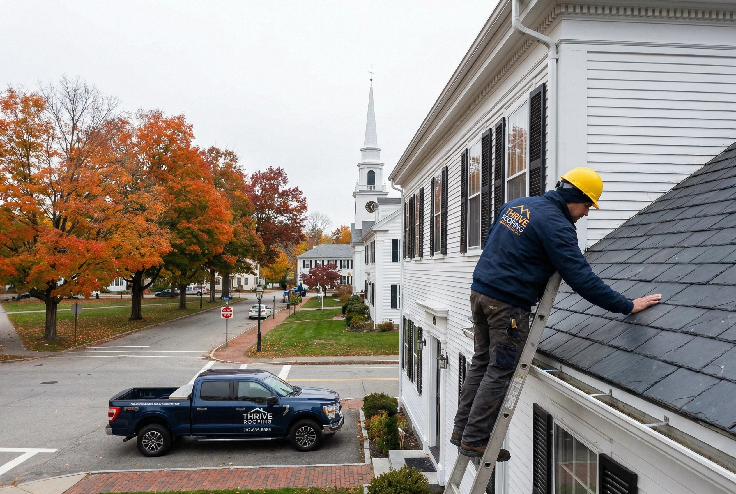 Thrive Roofing contractor inspecting a slate roof on the Tolland Green Historic District in Tolland CT