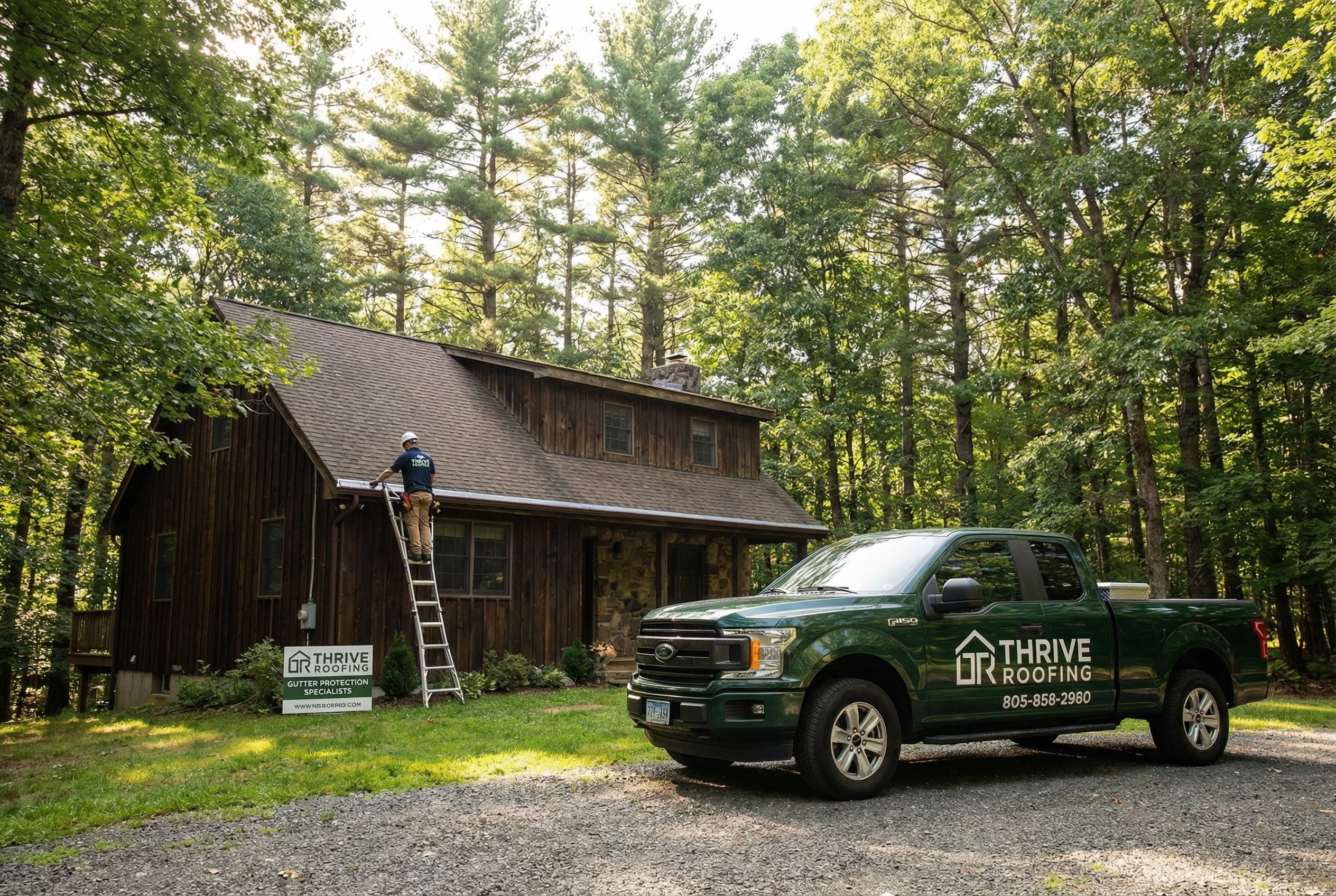 Thrive Roofing contractor installing gutter guards on a wooded home in the Shenipsit State Forest area of Tolland CT