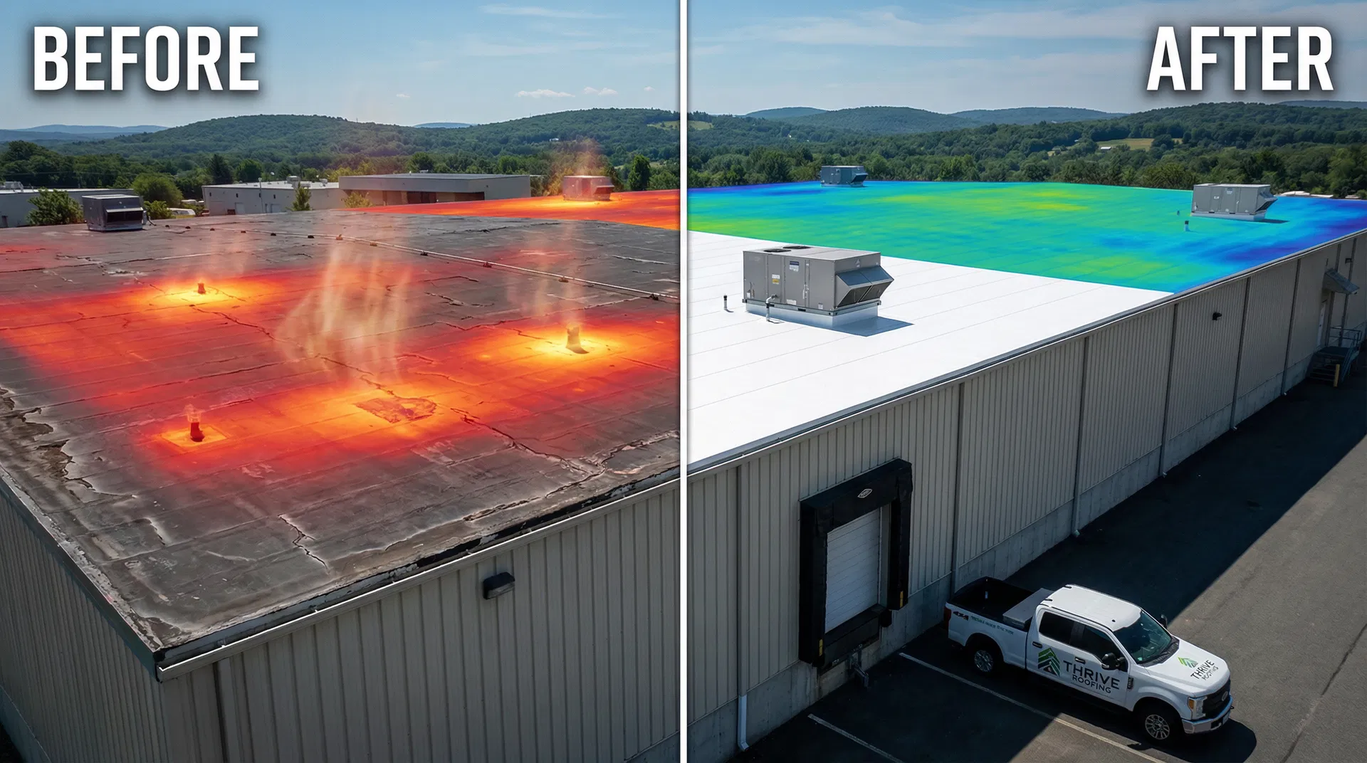 Infrared thermal comparison: black EPDM roof at 160°F vs white TPO roof at 90°F — Agawam MA warehouse