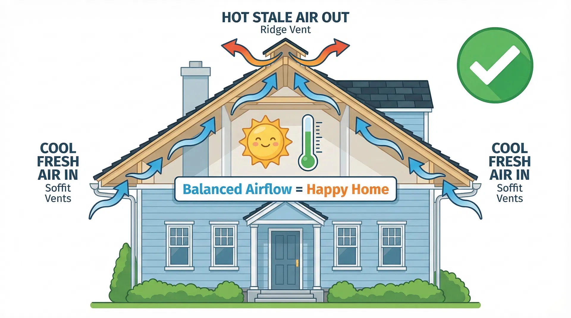 Roof ventilation diagram showing cool air in through soffit vents and hot air out through ridge vents — Balanced Airflow = Happy Home