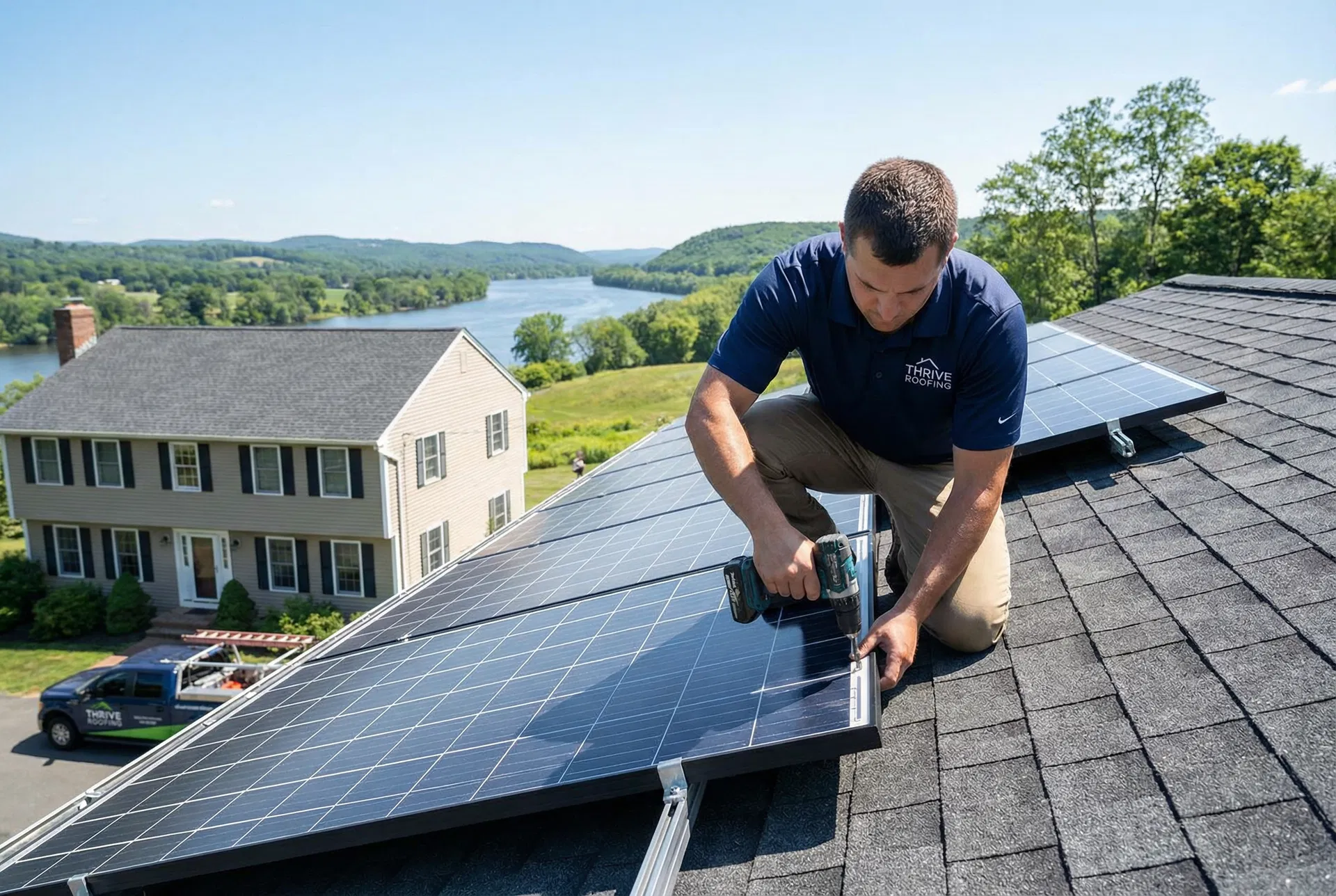Homeowner and Thrive Roofing contractor reviewing storm damage documentation in the Riverdale area of West Springfield MA