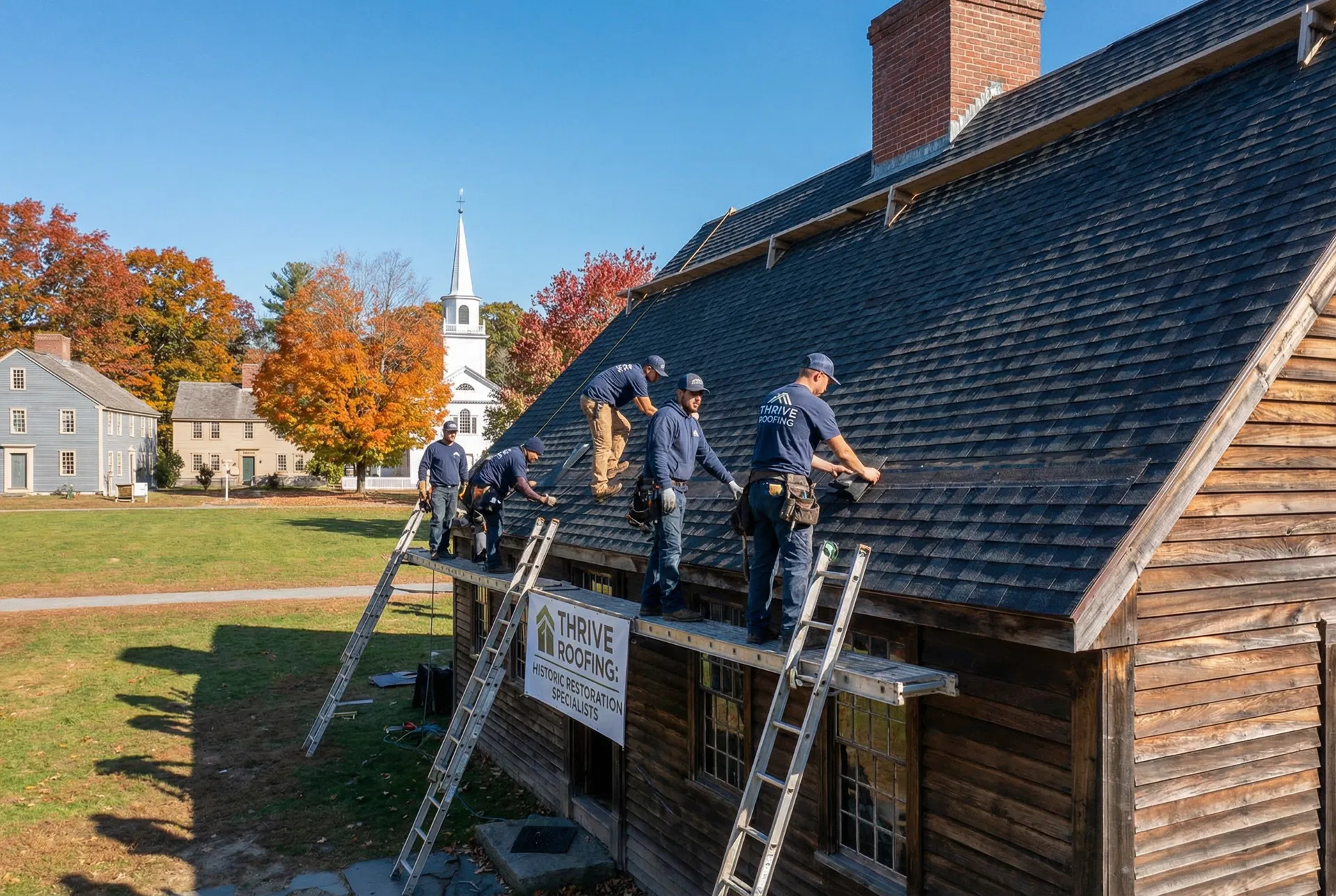 Roofing contractor inspecting a historic home near Storrowton Village Museum in West Springfield MA