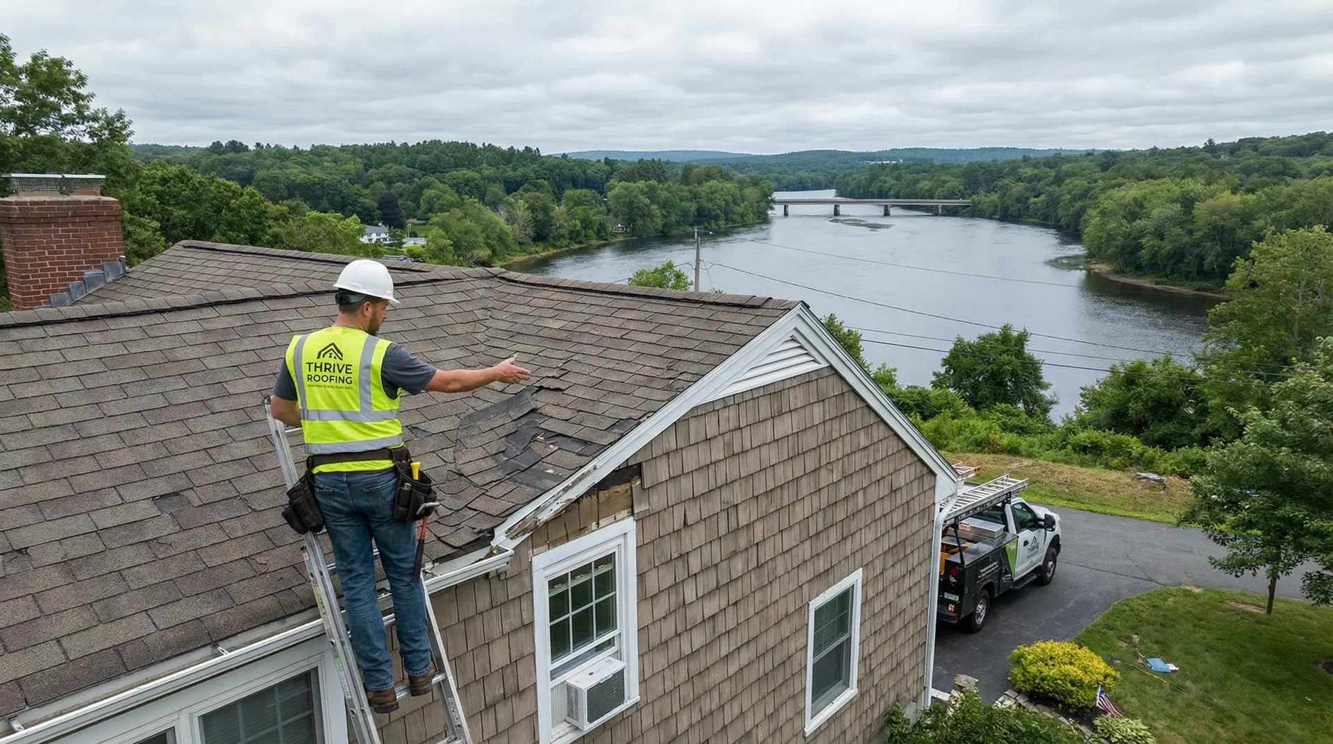 Homeowner and Thrive Roofing contractor reviewing storm damage near the Westfield River Corridor in Westfield MA