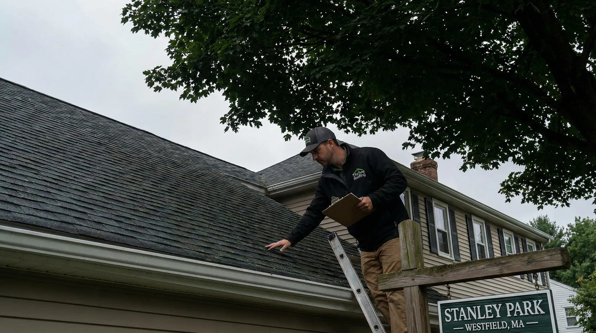 Thrive Roofing contractor inspecting a home near Stanley Park in Westfield MA