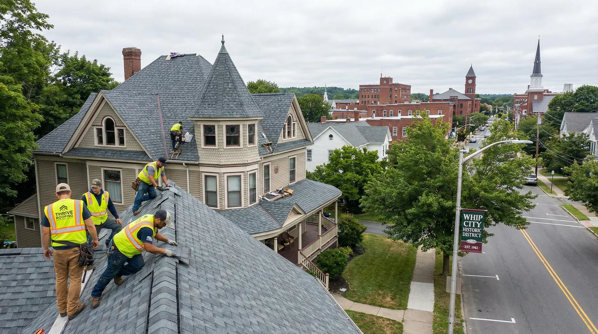 Roofing crew installing architectural shingles on a historic home in the Whip City Historic District of Westfield MA