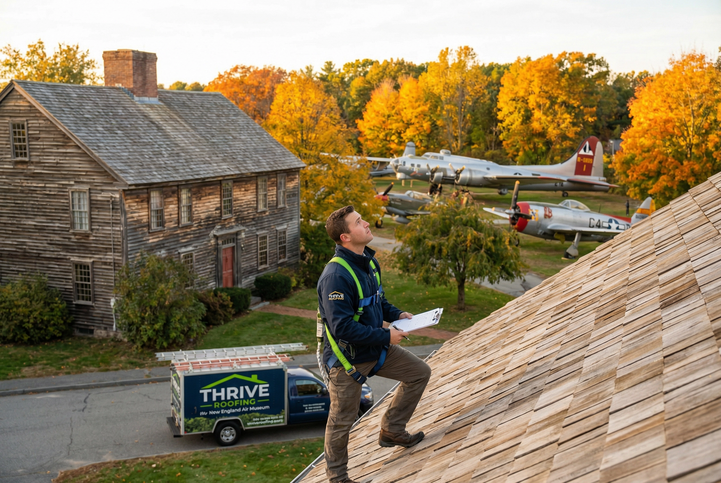 Thrive Roofing contractor inspecting a home near the New England Air Museum in Windsor Locks CT