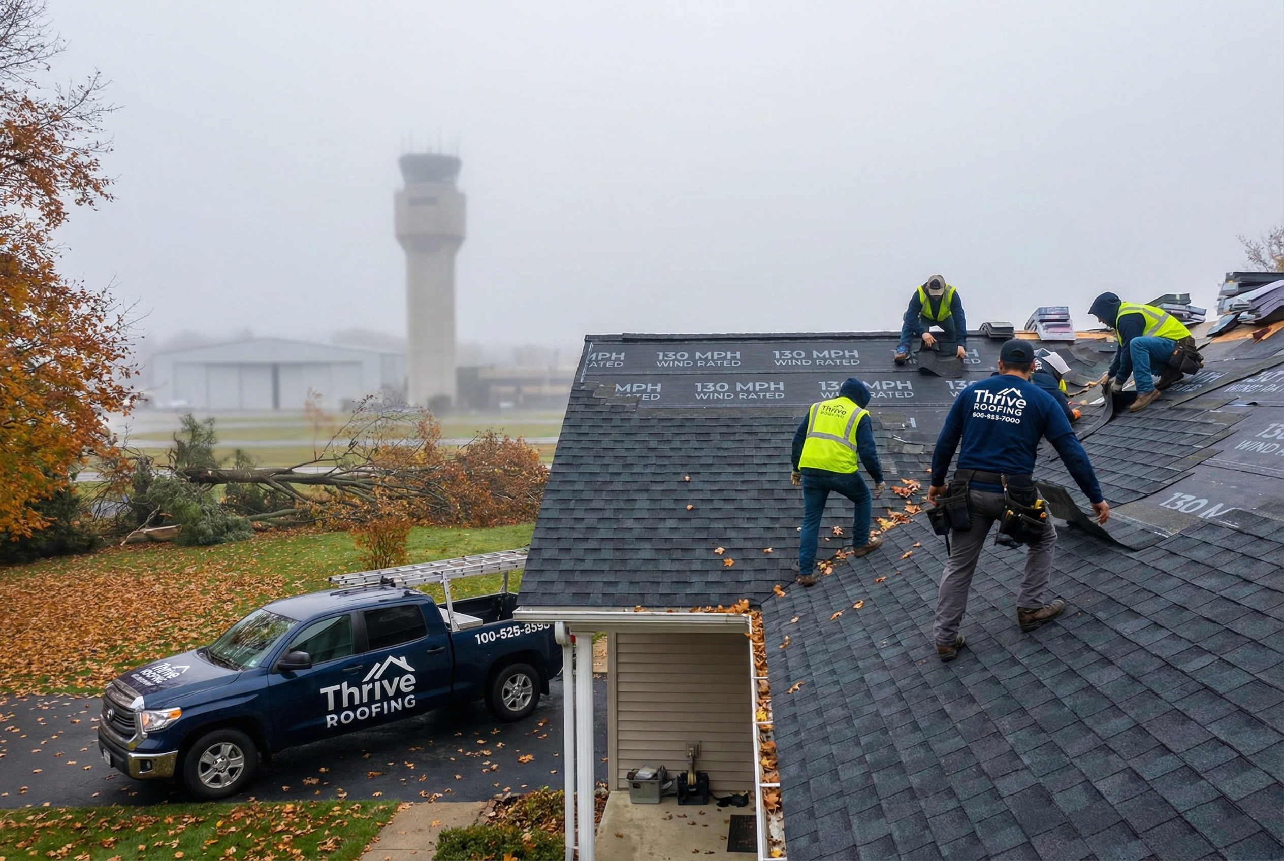 Thrive Roofing crew installing 130 MPH wind-rated shingles on a home near Bradley International Airport in Windsor Locks CT