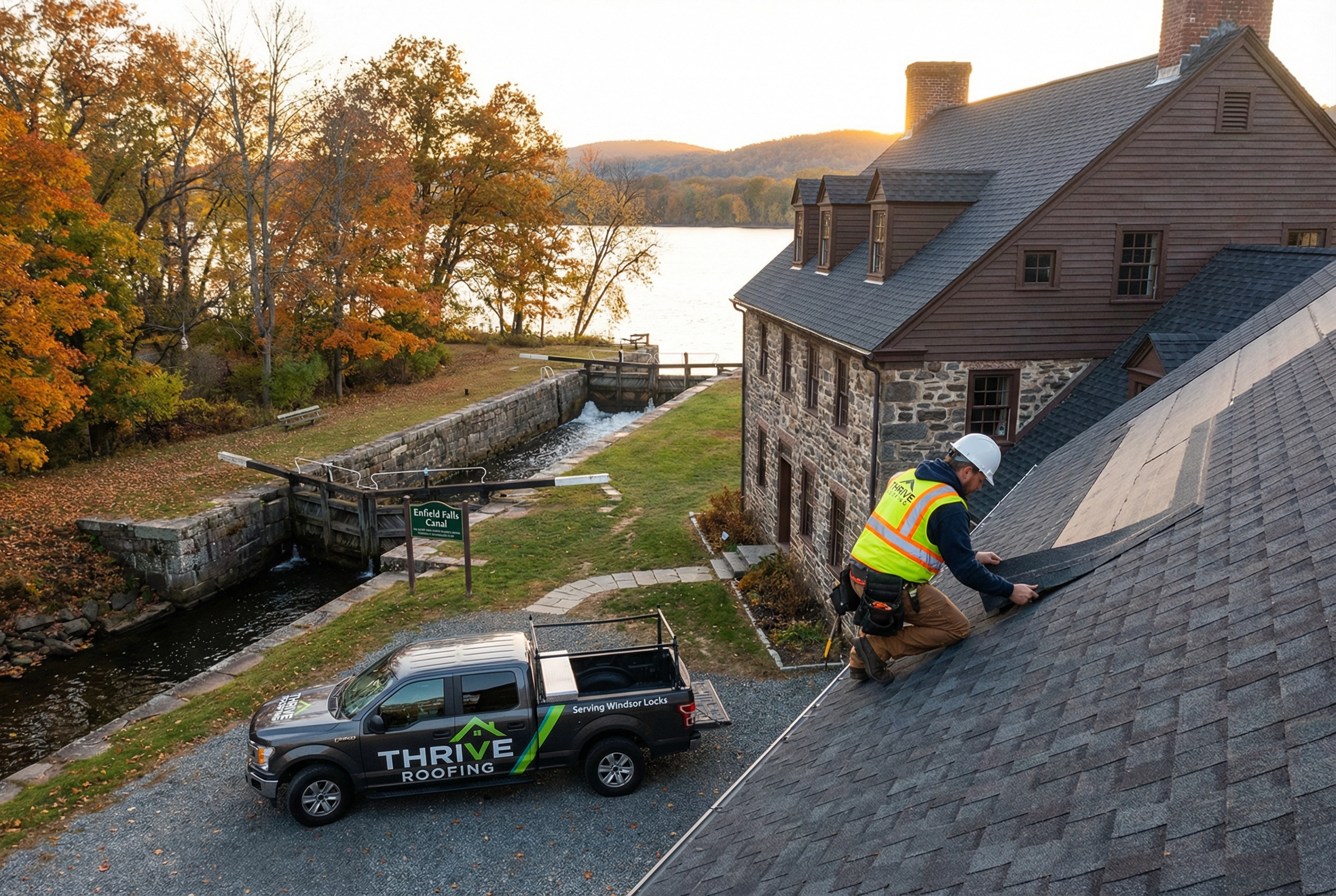 Thrive Roofing contractor installing shingles on a home near the Enfield Falls Canal in Windsor Locks CT