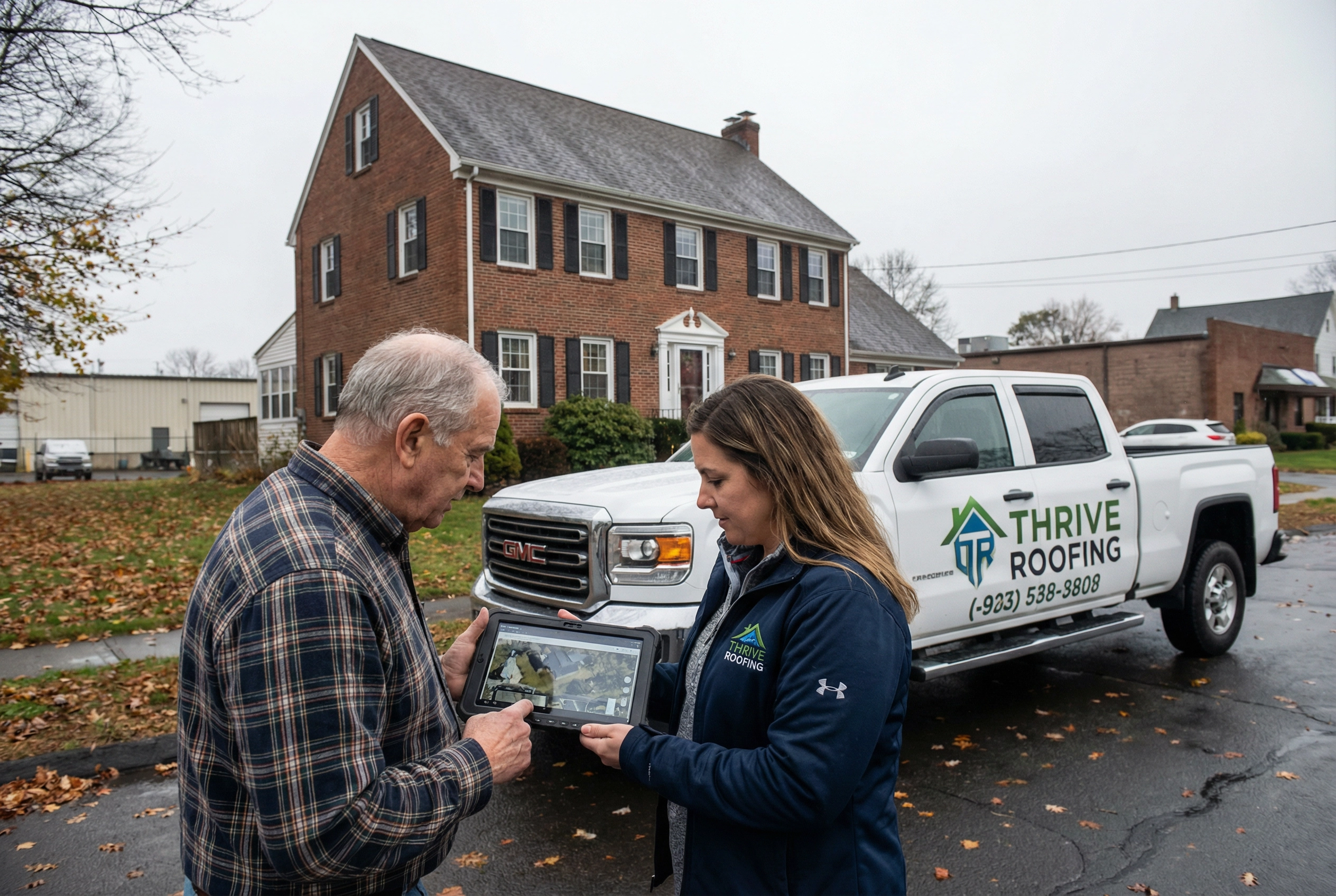 Homeowner and Thrive Roofing specialist reviewing storm damage documentation in Windsor Locks CT