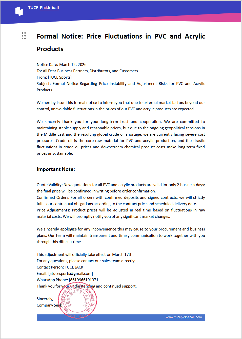 Notice of Price Adjustment for Flooring Material Products
