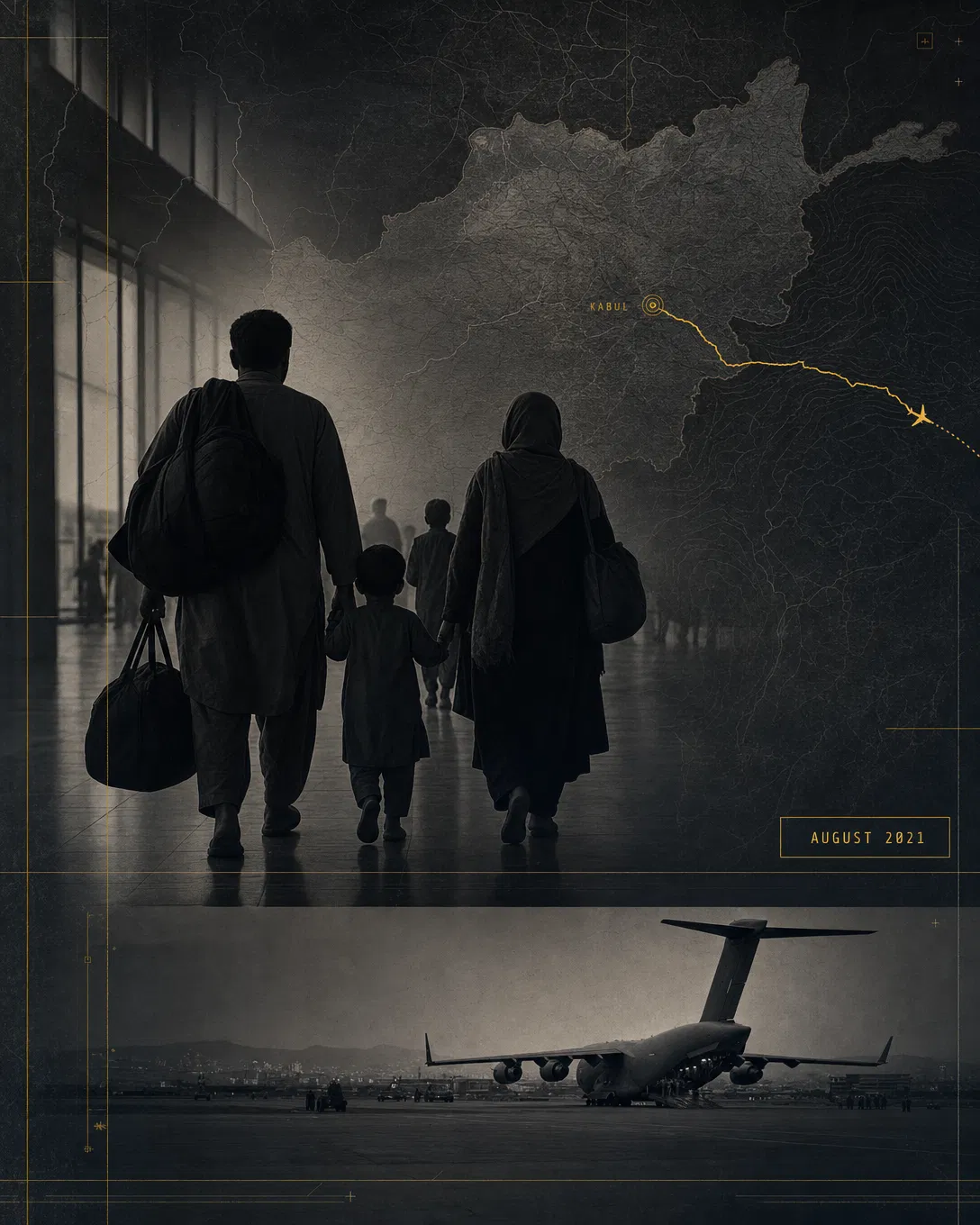 Afghanistan map with back-facing evacuee silhouettes and aircraft loading scene