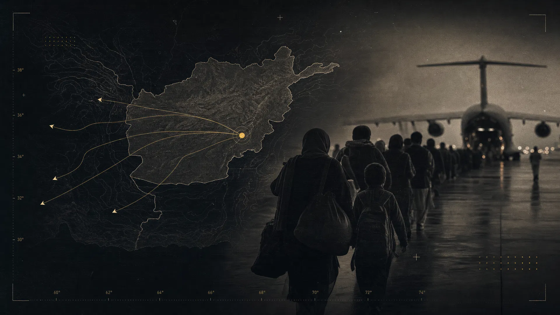 Afghanistan map overlay with non-identifying evacuee silhouettes and distant airlift imagery
