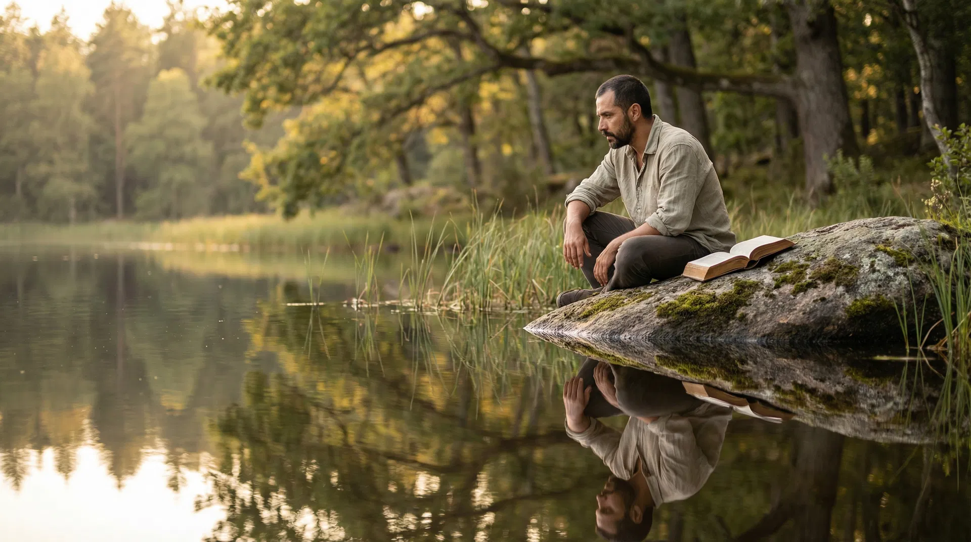 A man sitting by a still lake, looking at his reflection in the water, with an open Bible beside him