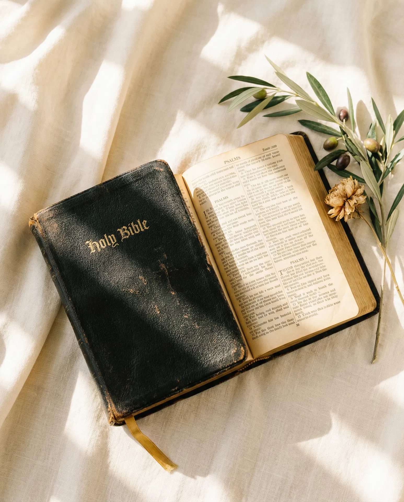 Open King James Bible on linen cloth in warm sunlight