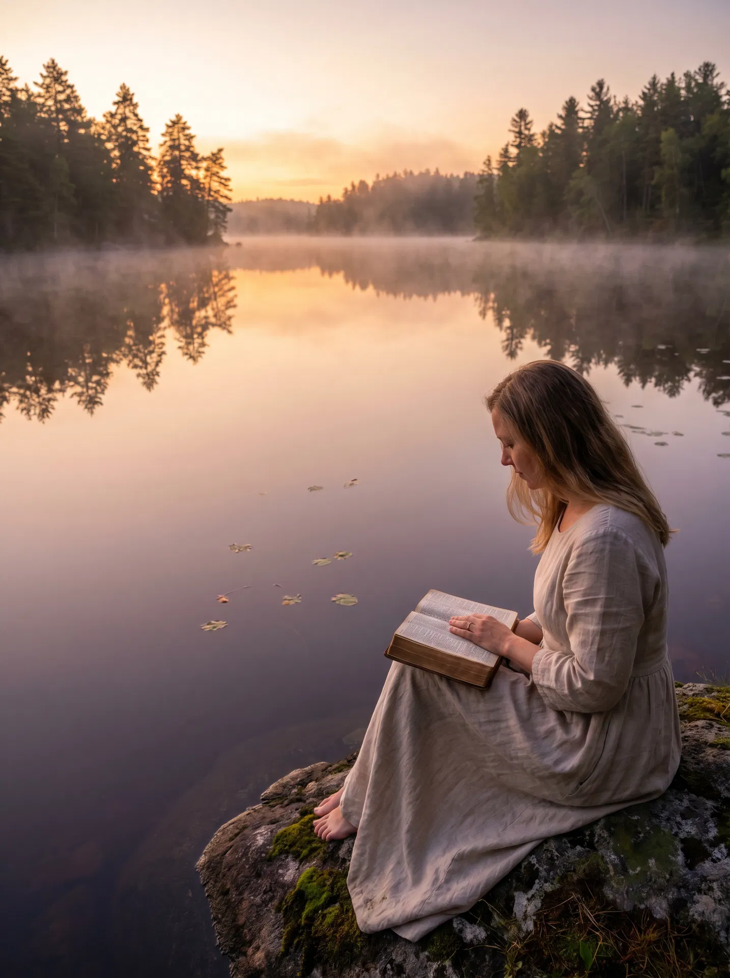 A woman standing at the edge of a lake in golden morning light, reading her Bible