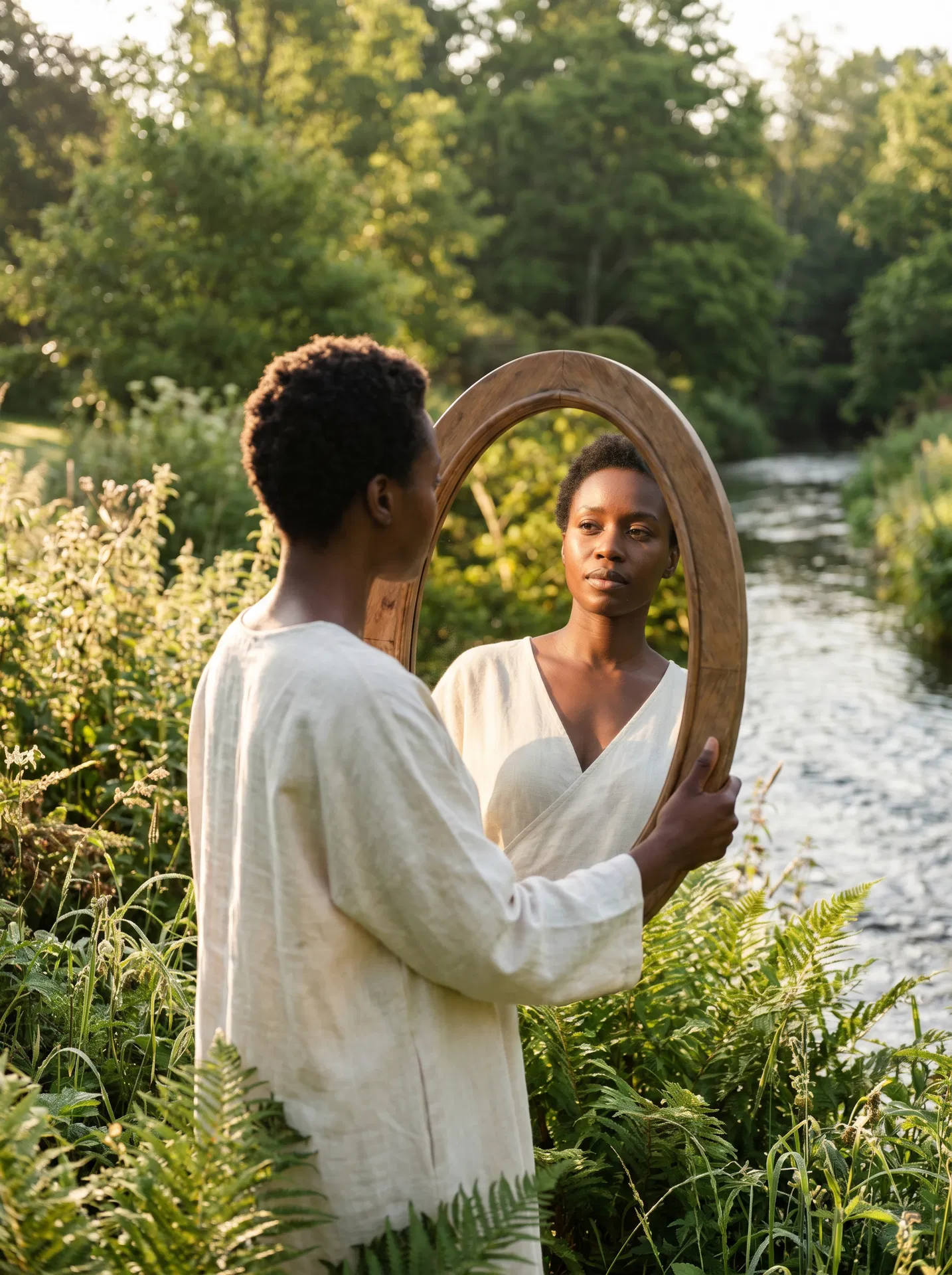 A woman standing in a sunlit meadow by a stream, looking into a mirror she holds, with an open Bible on a nearby rock