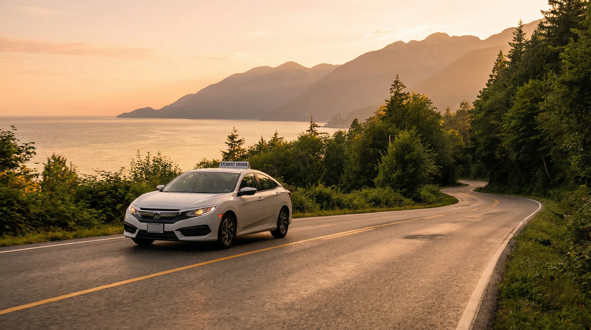 Student driver car on scenic Vancouver road with mountains and ocean