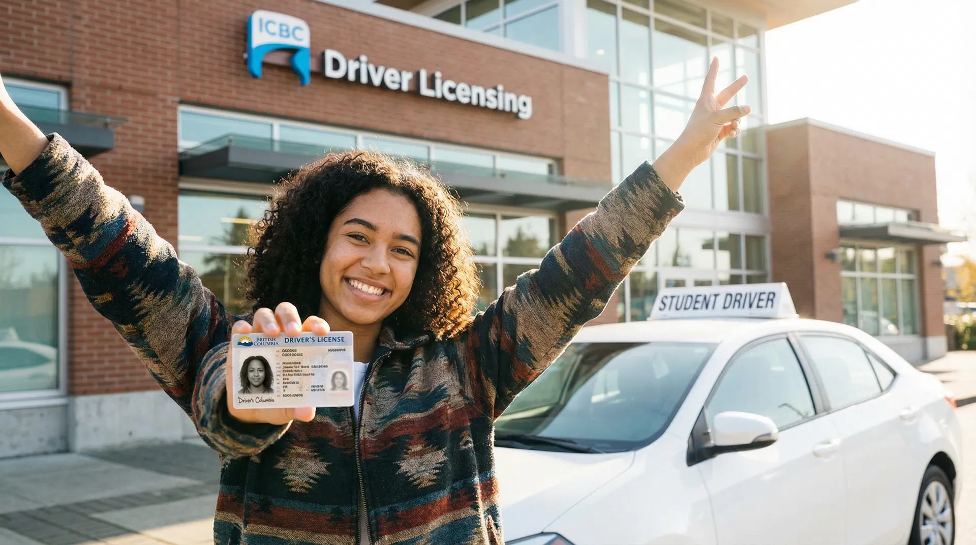 Happy student celebrating passing ICBC road test in Vancouver