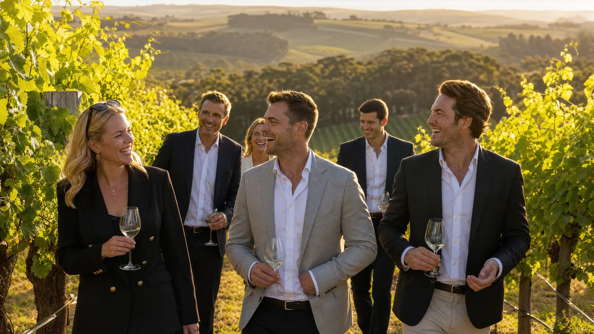 Leadership team walking through a Peninsula vineyard