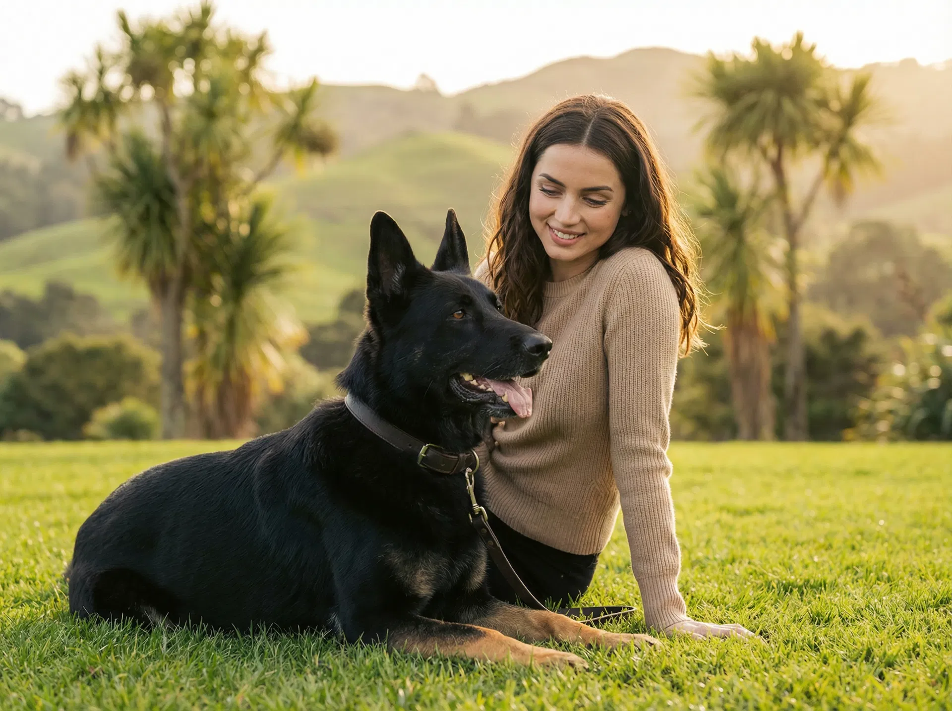 Owner and black German Shepherd gazing happily at each other in a New Zealand park