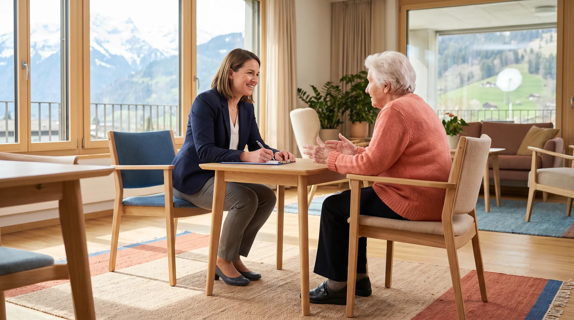 QUALIS Interviewerin im Gespräch mit einer Bewohnerin