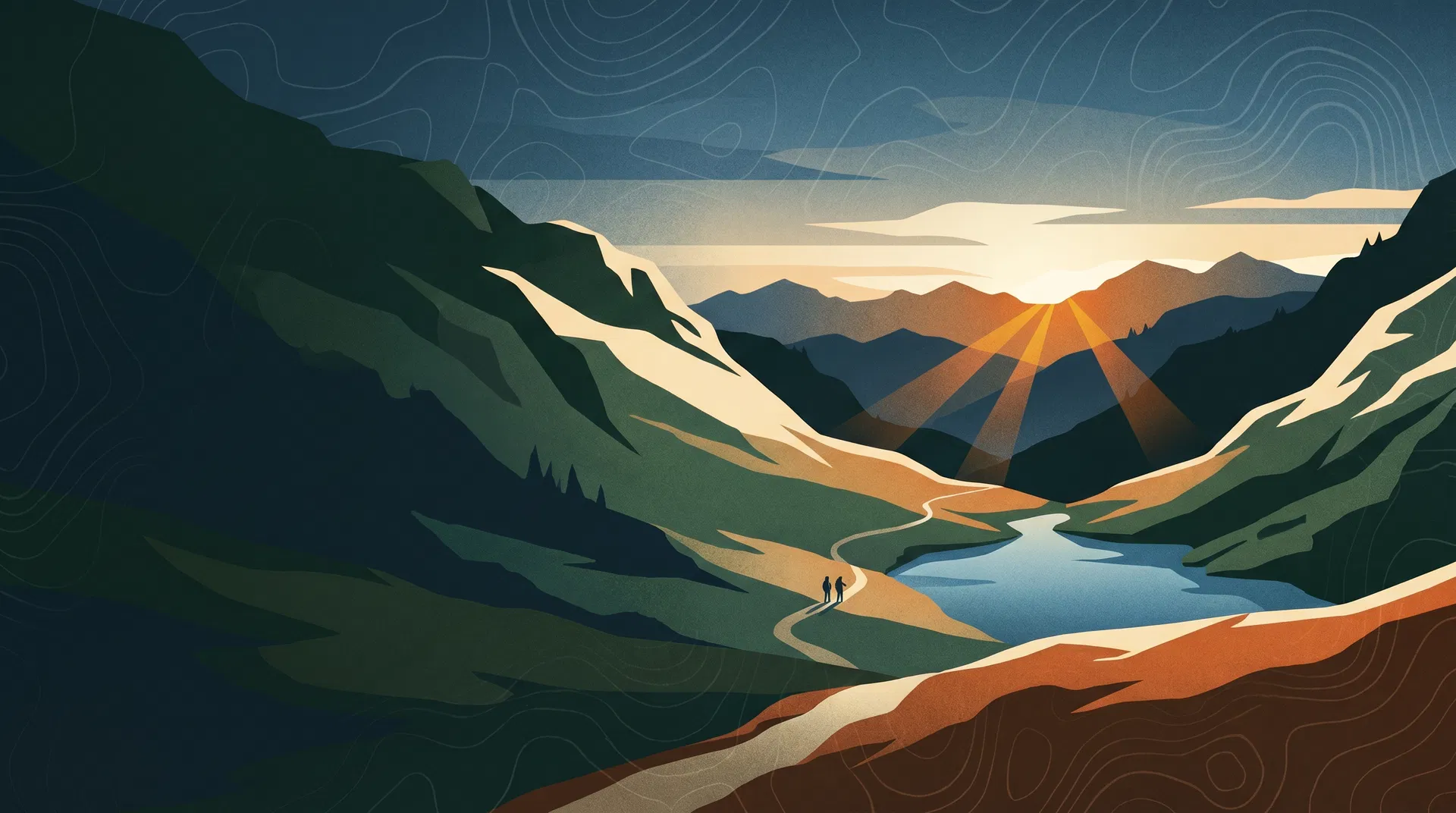 Illustrated mountain valley at sunrise