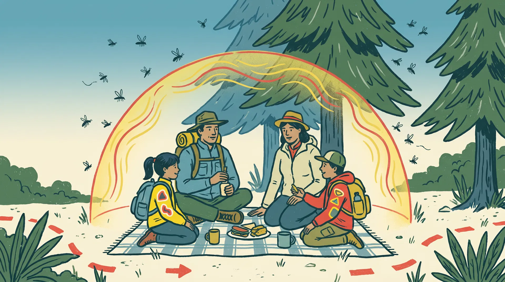 Family picnic protected from mosquitoes illustration
