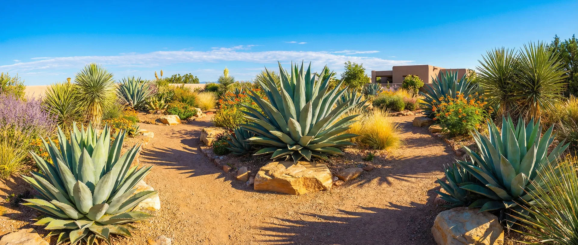 朝のドライガーデン — 青空とアガベ
