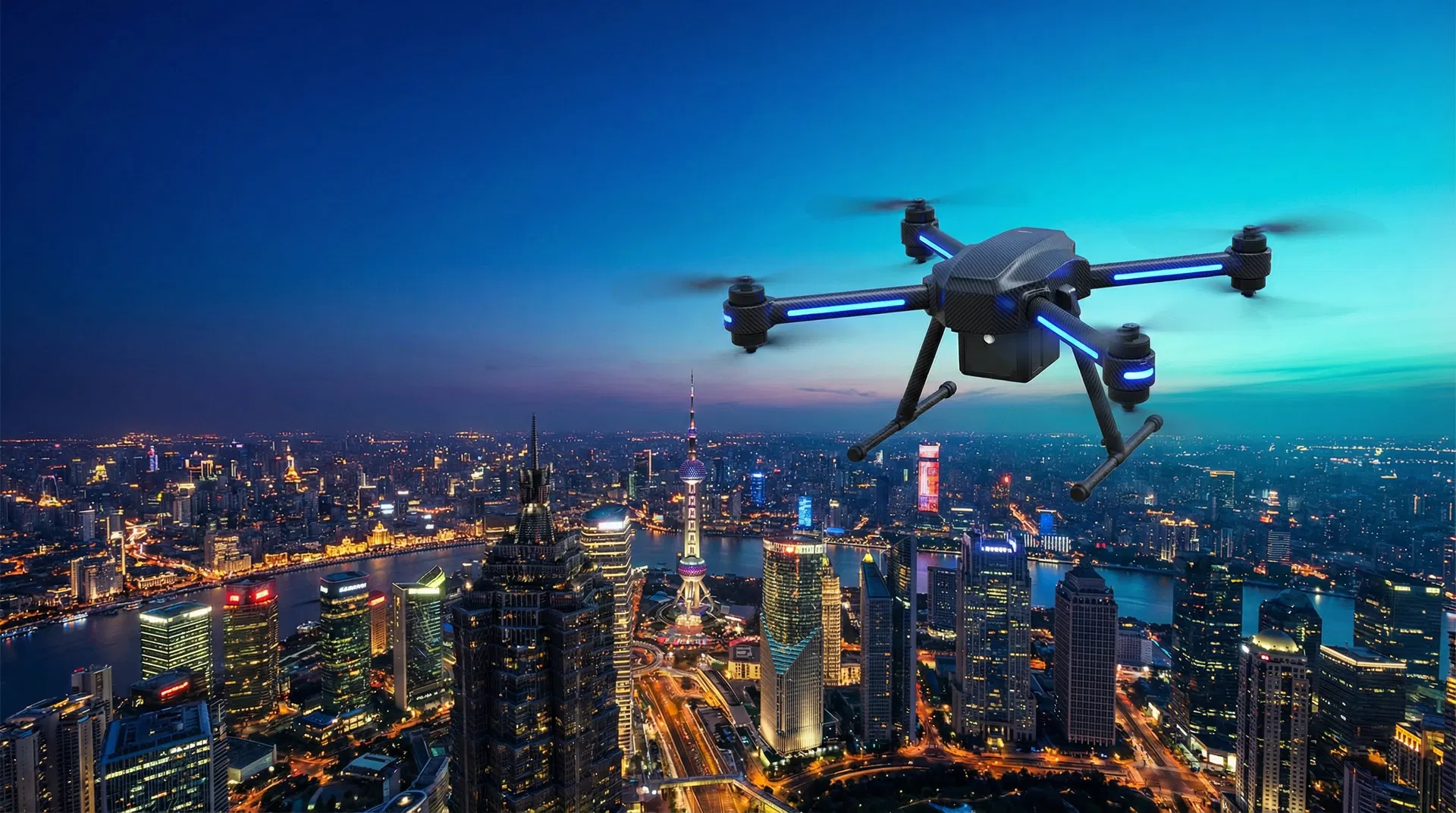 Drone flying over city