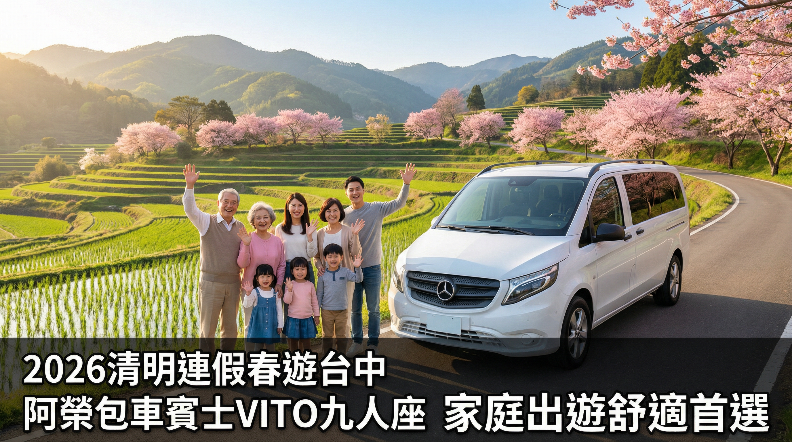 2026清明連假春遊台中！阿榮包車賓士VITO九人座，家庭團體出遊舒適首選，機場接送免煩惱！