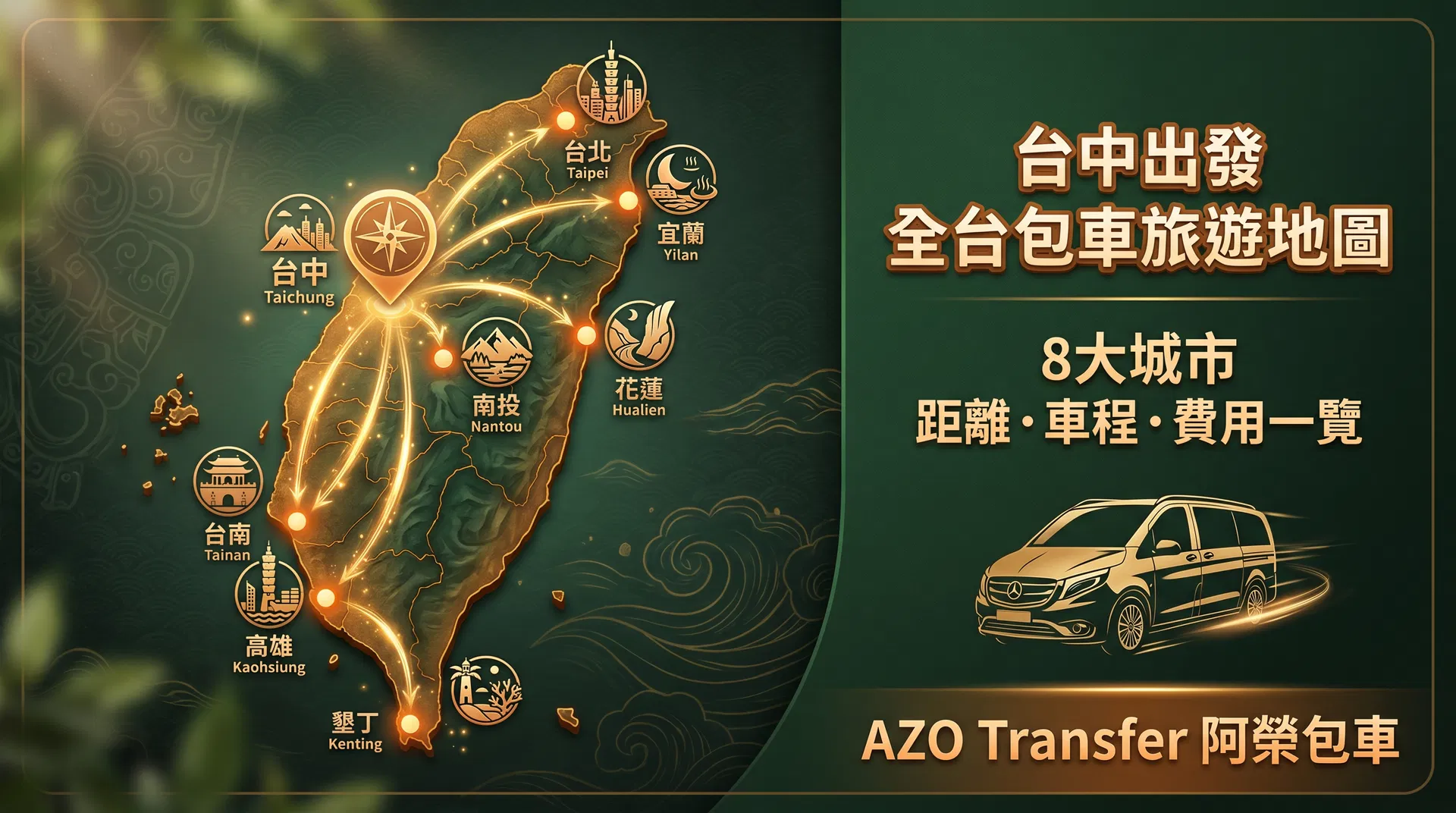 台中出發全台包車旅遊地圖 — 阿榮包車 AZO Transfer