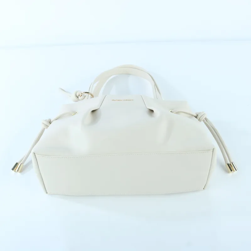 Elegant Creamy White Tote Bag with Drawstring Detail – Soft Vegan Leather Shoulder Bag - Side View