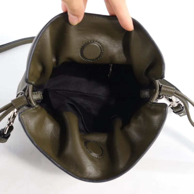 Olive Green Soft Leather Mini Bucket Bag | Adjustable Strap Crossbody Bag - Other