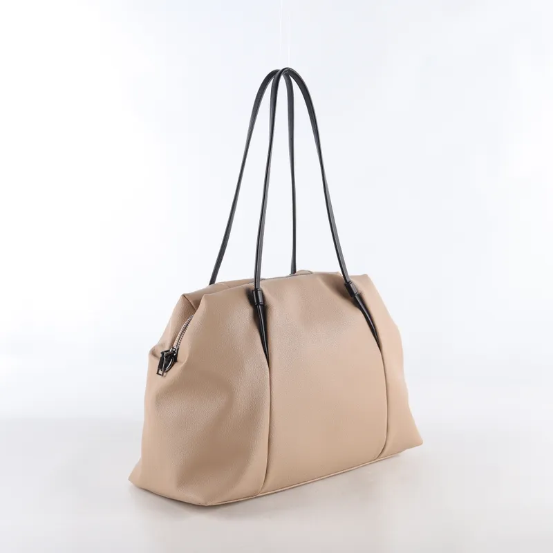 Elegant Beige Leather Tote Bag with Black Handles and Gold Zippers - Other