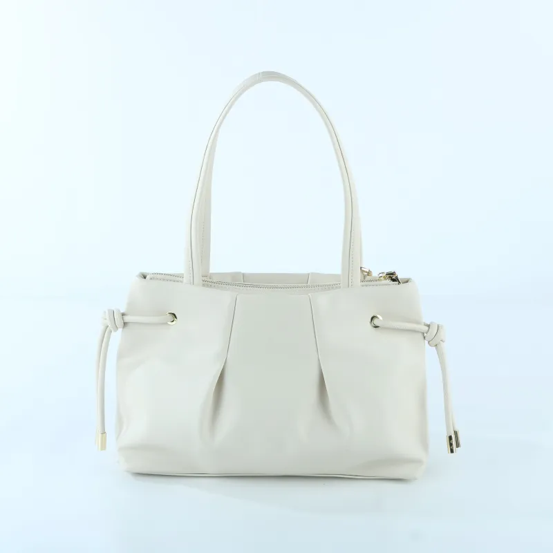 Elegant Creamy White Tote Bag with Drawstring Detail – Soft Vegan Leather Shoulder Bag - Front View