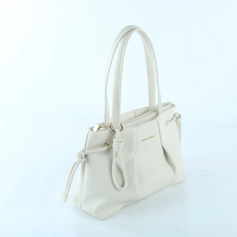 Elegant Creamy White Tote Bag with Drawstring Detail – Soft Vegan Leather Shoulder Bag - Side View