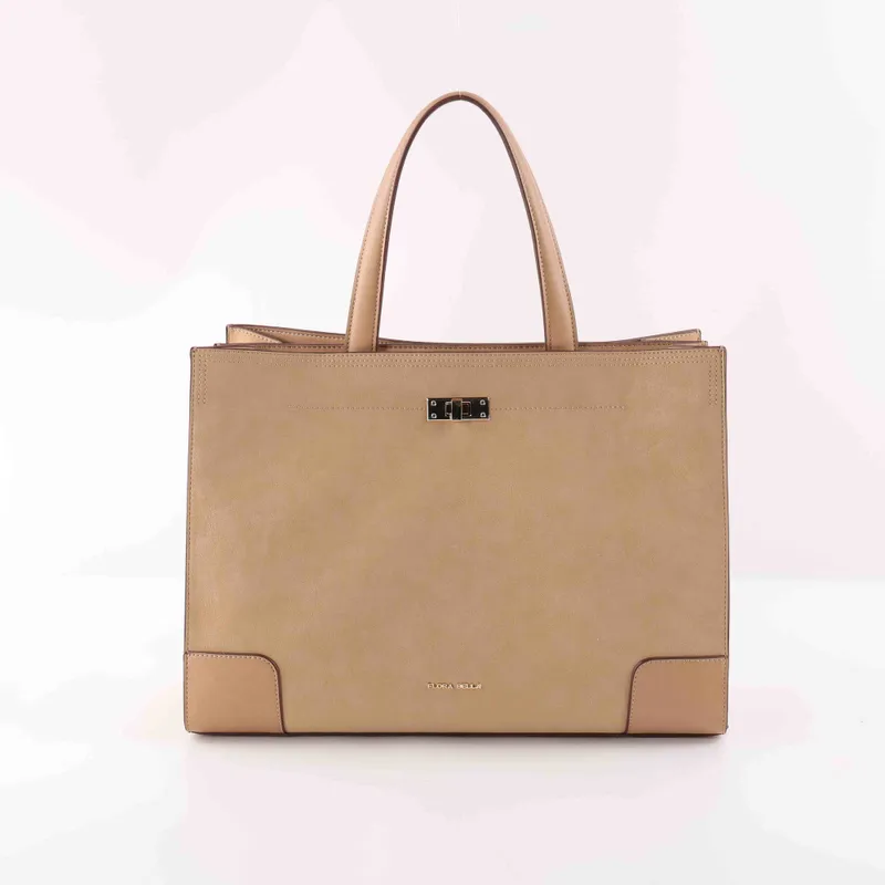 Elegant Beige Leather Office Tote | Spacious Professional Handbag with Lock Closure