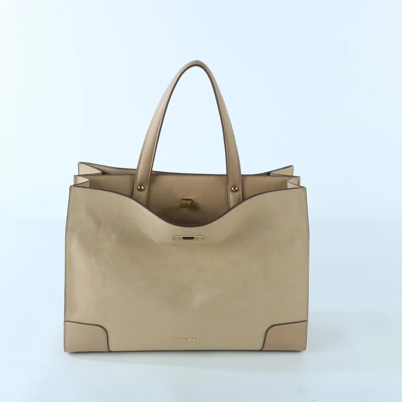 Elegant Beige Leather Office Tote | Spacious Professional Handbag with Lock Closure - Back View