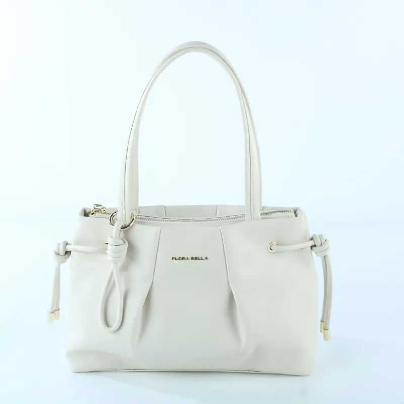 Elegant Creamy White Tote Bag with Drawstring Detail – Soft Vegan Leather Shoulder Bag