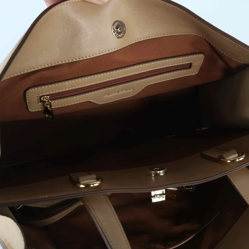 Elegant Beige Leather Office Tote | Spacious Professional Handbag with Lock Closure - Interior