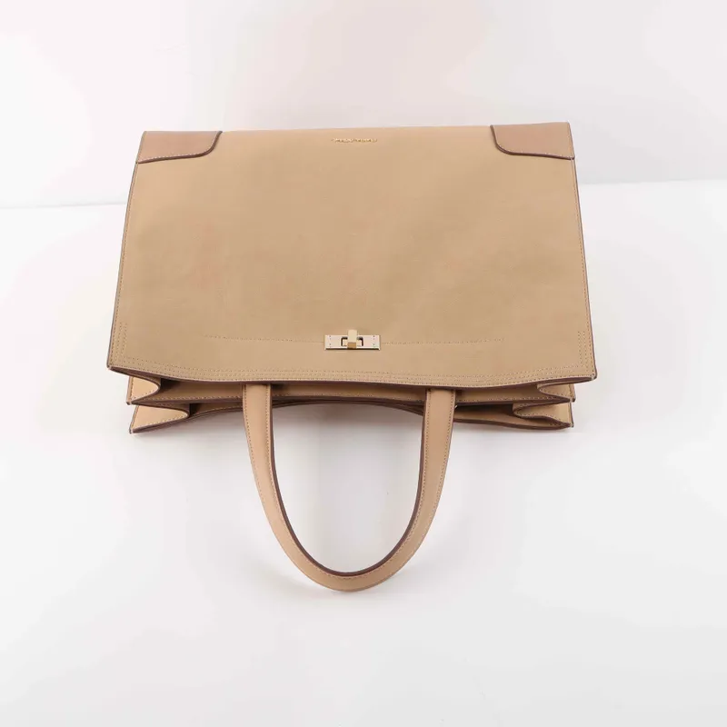 Elegant Beige Leather Office Tote | Spacious Professional Handbag with Lock Closure - Side View